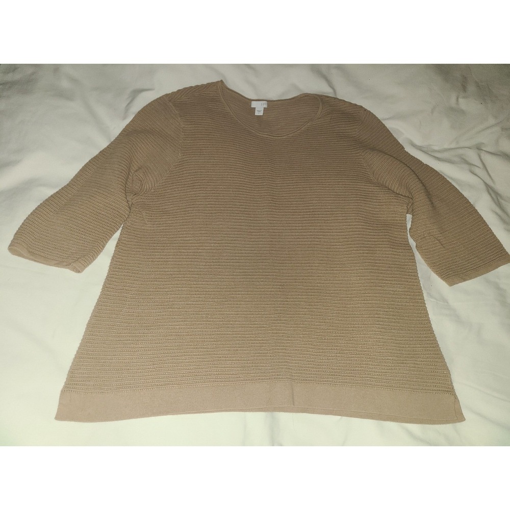 J Jill Tan Ribbed 3/4 Sleeve Tunic Sweater Knit Top Women's Large Cotton Blend